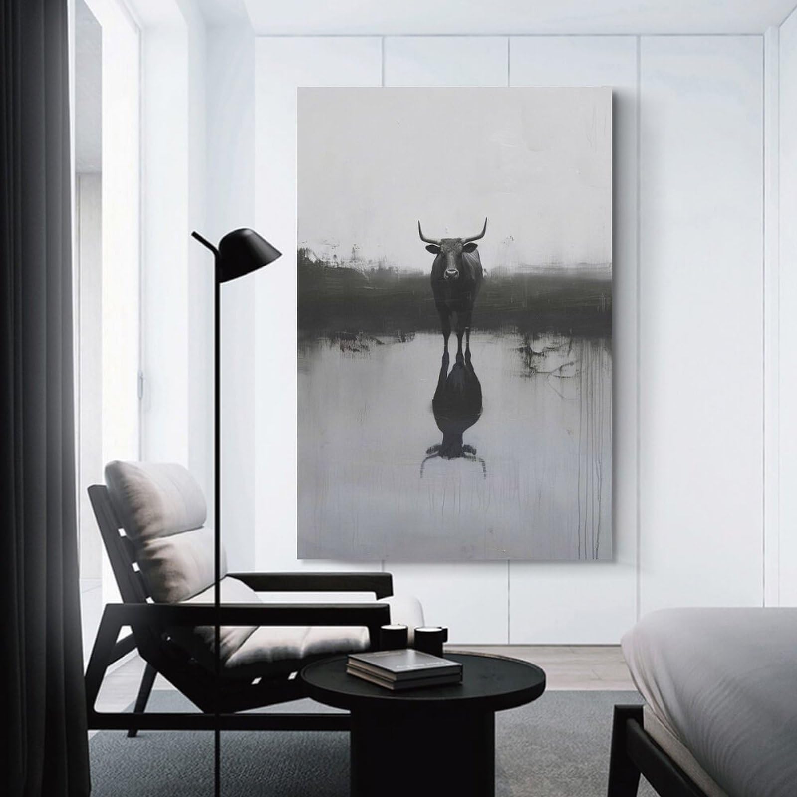 Junmoney Unframe-Style-3 Black Bull Reflection Hanging Wall Art, 24X36inch(60X90cm), For Entrance Walls, Hall Decor Or Foyers, Wall Decor To Refresh Empty Corners