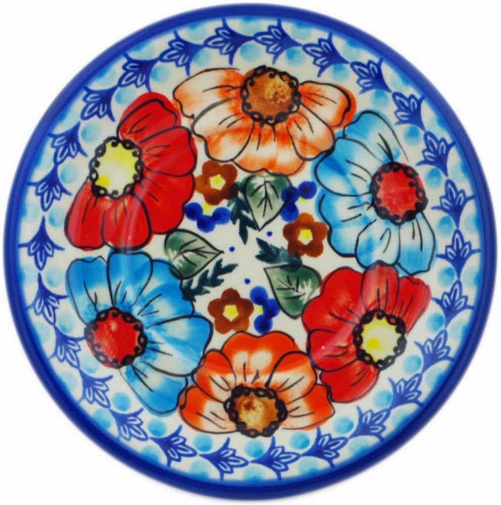 Polmedia Polish Pottery Saucer UNIKAT - Bold Poppies Pattern Handmade in Boleslawiec Poland by Ceramika Bona + Certificate of Authenticity