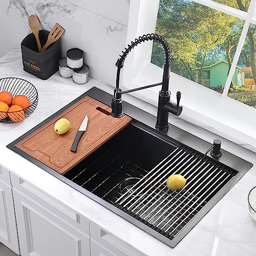 33 Inch Black Drop In Kitchen Sink Workstation -Bokaiya 33X22 Drop In Kitchen Sink Topmount Black Stainless Steel Sink 16 Gauge Deep Single Bowl Kitchen Sink With Cutting Board&Strainer #TOP1