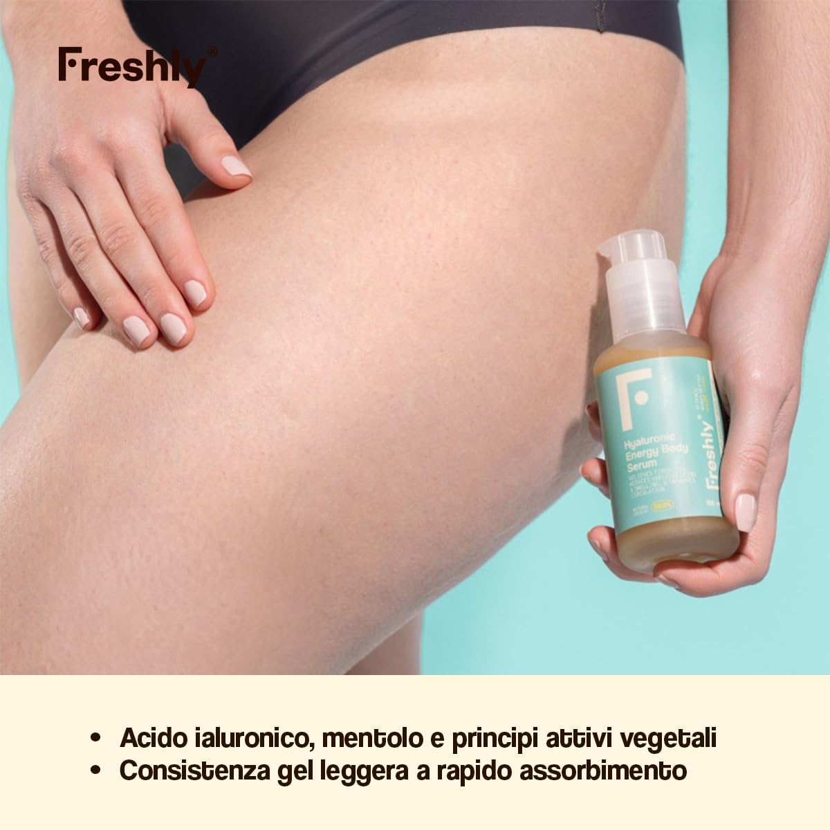 Freshly Cosmetics Hyaluronic Energy Body Serum 100 ml | Siero Corpo 99,7% Naturale con Acido Ialuronico e Mentolo | Effetto Freschezza Immediato | Idratazione e Comfort per Gambe Affaticate