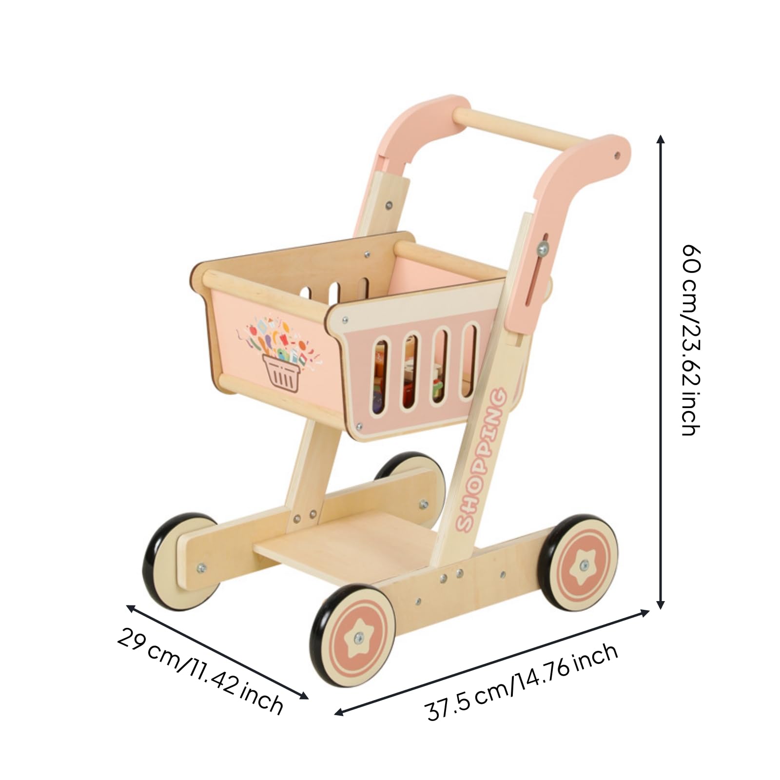 Carrello Shopping Giocattolo Carrello Spesa Giocattolo Bordi Arrotondati Legno Naturale per Bambini