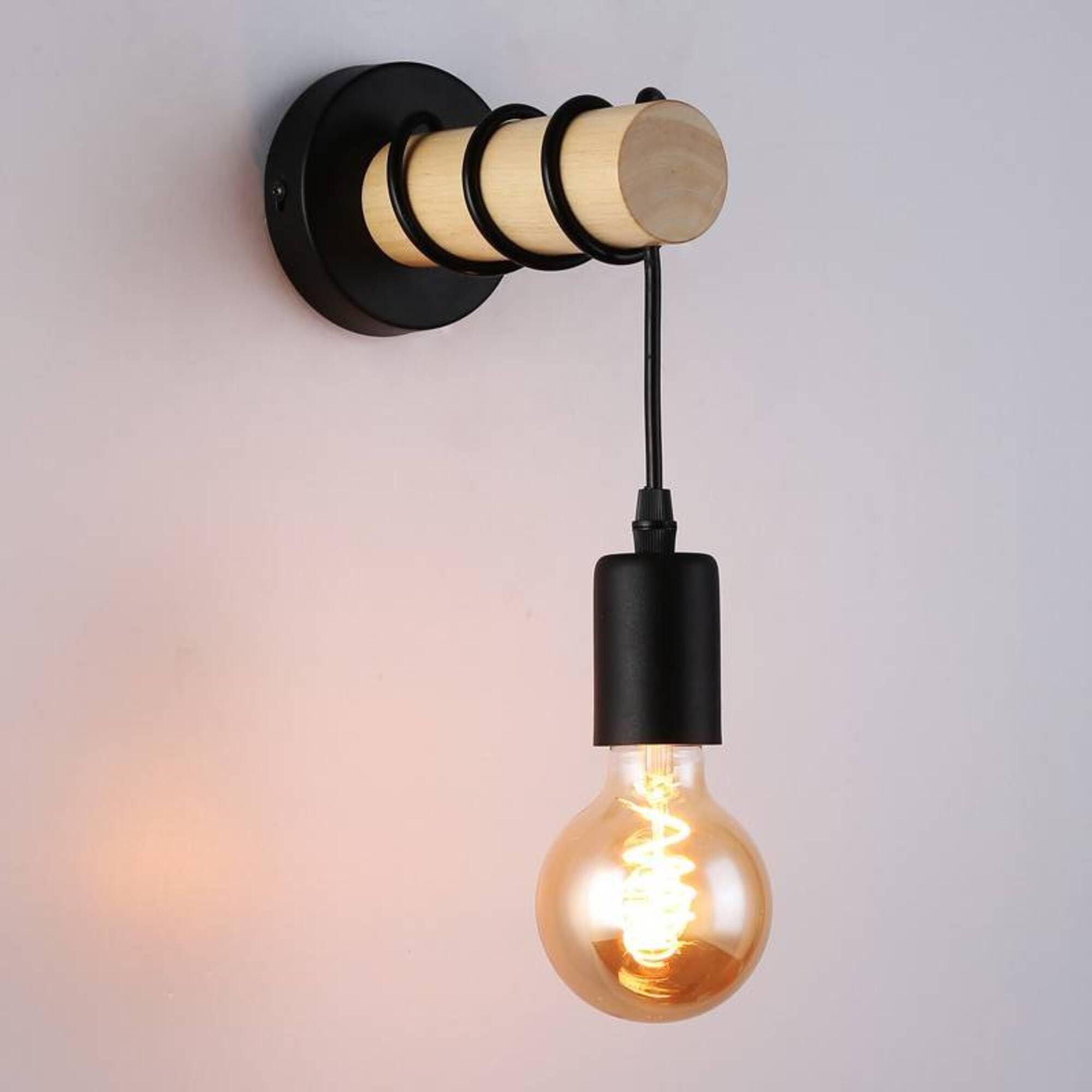 B·LED BARCELONA LED BarcelonaLED Okrągła lampa ścienna z naturalnego drewna z gniazdem E27 czarny wisiorek kabel w stylu vintage nordycki do przedpokoju sypialni salonu