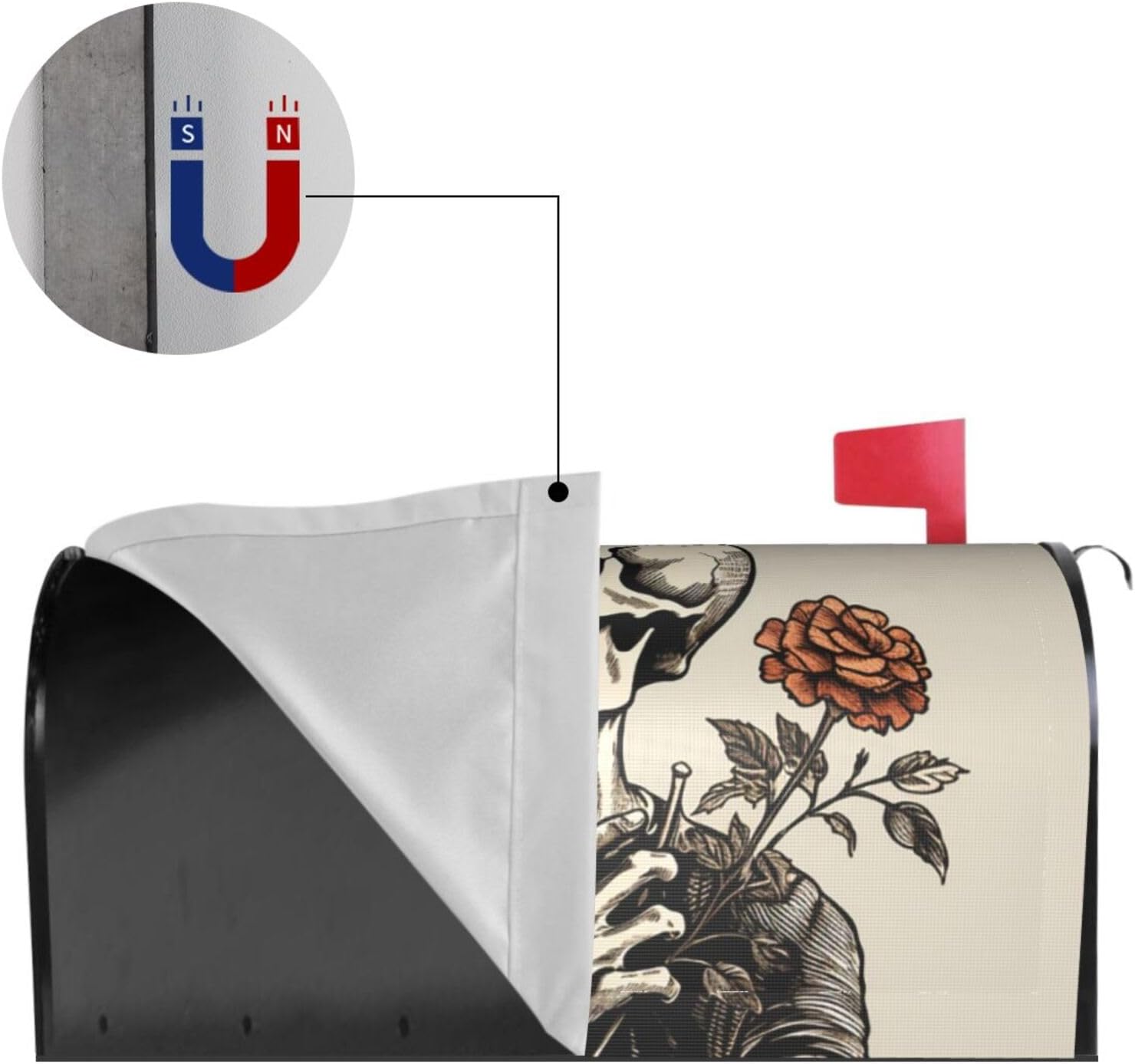 Skeleton Rose Flower Magnetic Mailbox Covers Gothic Skull Mailbox Cover Standard Size Waterproof Post Letter Box Cover Mail Wraps for Garden Yard Outdoor Decor