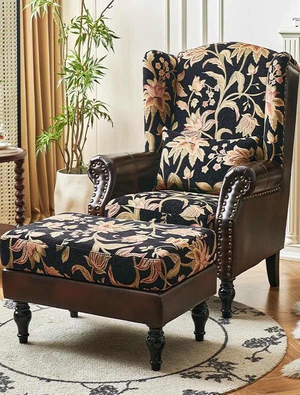 French Vintage High-Back Floral Tiger Armchair with Ottoman – American Retro Living Room Lounge Chair & Footrest Set, Leather Fabric (Biege)
