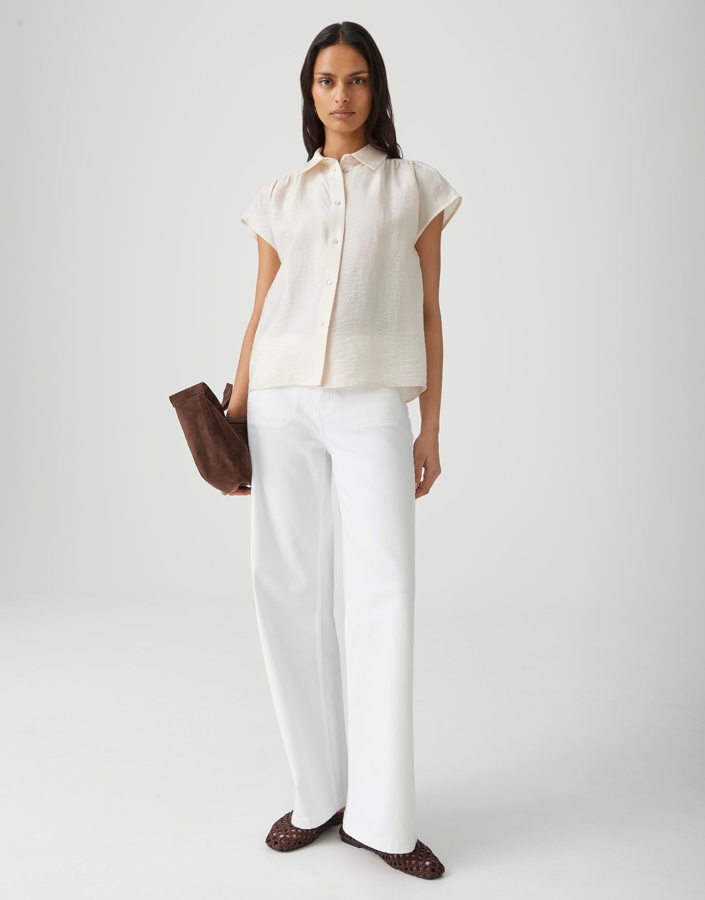 OPUS Chemisier à manches courtes pour femme - Chemisier en satin FAIRI ample avec fronces féminines