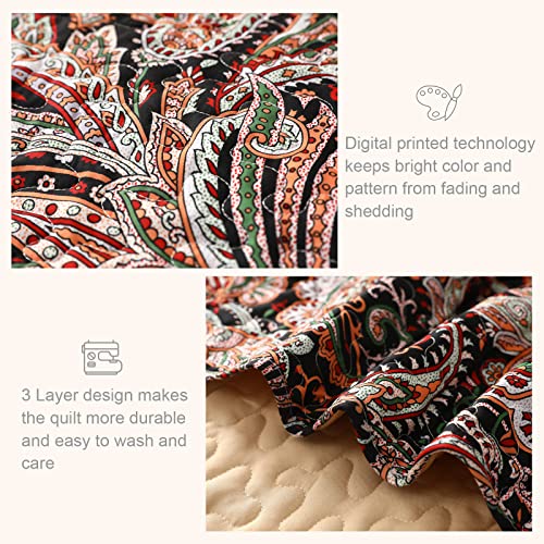 Exclusivo Mezcla Paisley Quilt Set King Size, Lightweight Boho Bohemian Quilted Bedspread/Coverlet/Bed Cover/Bedding Set With Colorful Print Pattern (Black And Camel, 96X104) #TOP4