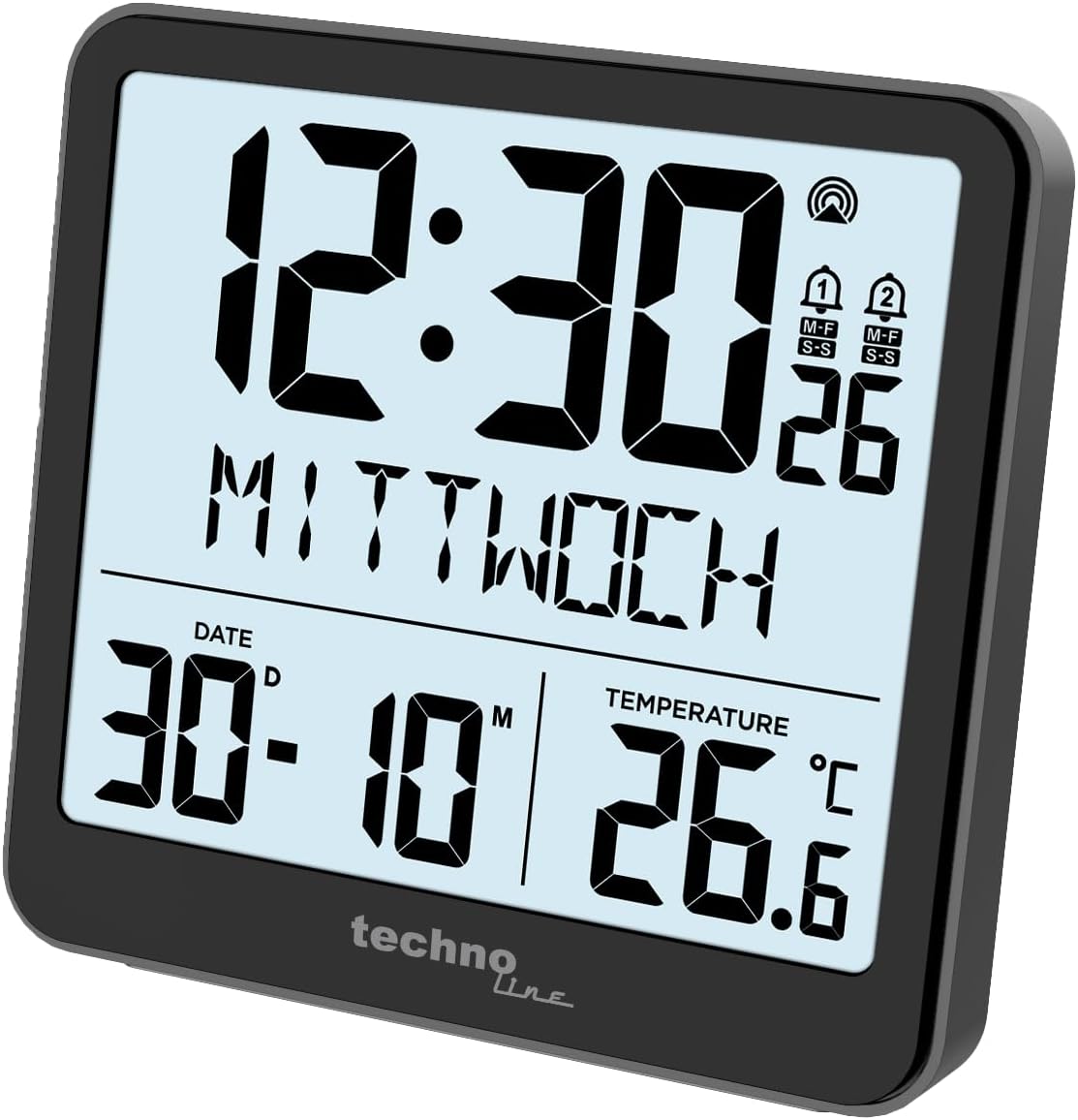 Technoline WT 285 Radio Alarm Clock DCF77, Digital Alarm Clock with 2 Alarms & Snooze, Temperature Display with Min/Max, Calendar & Time Zone, Large Display with Backlight, Black