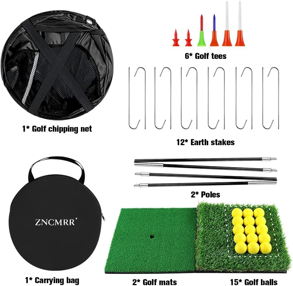 Pop Up Golf Chipping Net, Indoor/Outdoor Golfing Target Net Collapsible Portable Golf Hitting Net with 15 Training Balls and 2 Hitting Mats for Backyard Driving and Swing