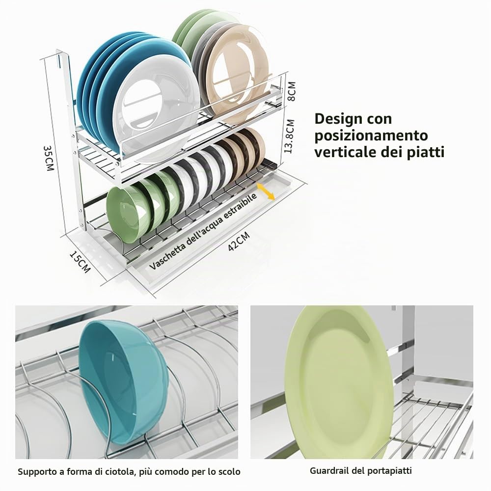 TentHome Scolapiatti Pensile Acciaio Inox con Vassoio Antigoccia, Scola da Parete, Porta Piatti da Muro, Portapiatti da Cucina, Piattaia da Appendere Salva Spazio Supporto Rack di Archiviazione