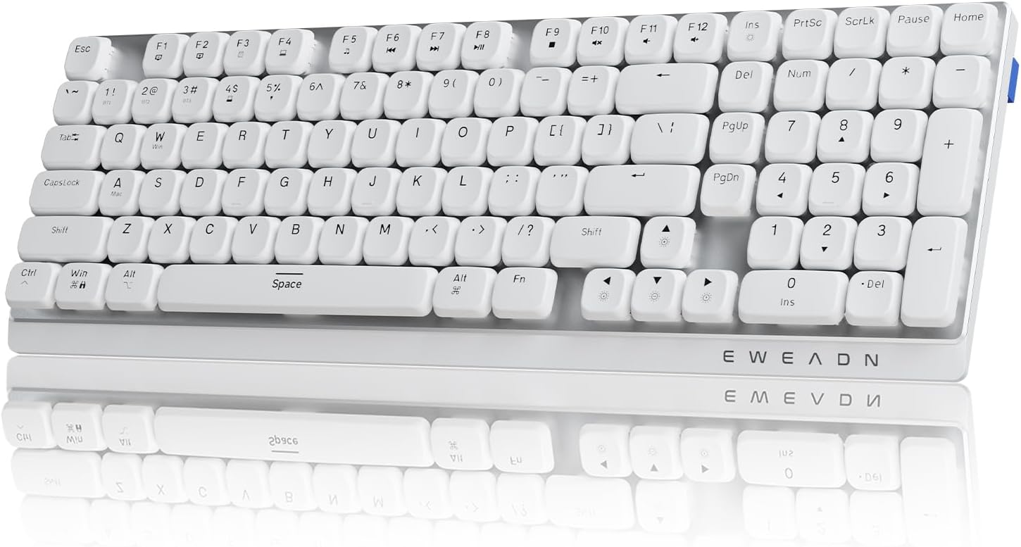 EWEADN MK100 Wireless Low Profile Mechanical Keyboard, Bluetooth/2.4GHz/USB-C Wired with White Backlight Quiet Mechanical Keyboards Wireless, Full-size keyboard for Game/Office, Windows, Mac, White