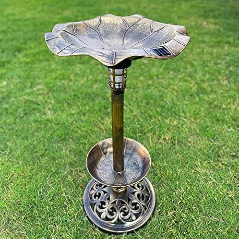 Westcharm 30 Inch Solar Powered LED Lighted Birdbath with Planter Bowl for Outdoors Yard Outside Outdoor Garden Decoration Pedestal Base Stand - Antique Bronze Polyresin Solar Bird Bath with Planter Cover