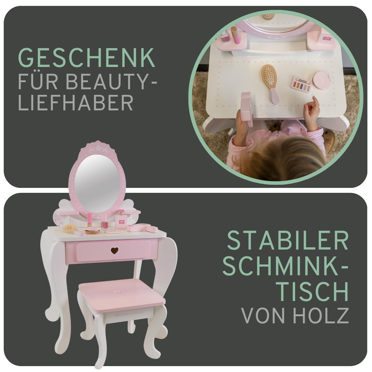 Bandits & Angels Kinderschminktisch Julia Weiß Rosa mit Spiegel für Mädchen ab 3 Jahren - Schminktisch aus Holz - Schminktisch inklusive Hocker - Für Kinder