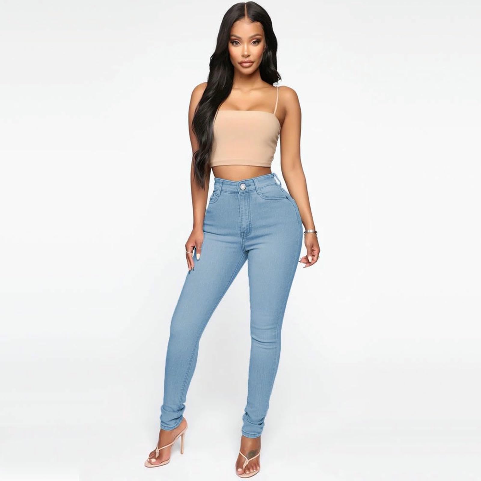 Jeans Donna Womens Ad Alta Vita Magro Stretch Solleva I Attillati da Skinny per Elasticizzazione Super Comodi-Azzurro-l