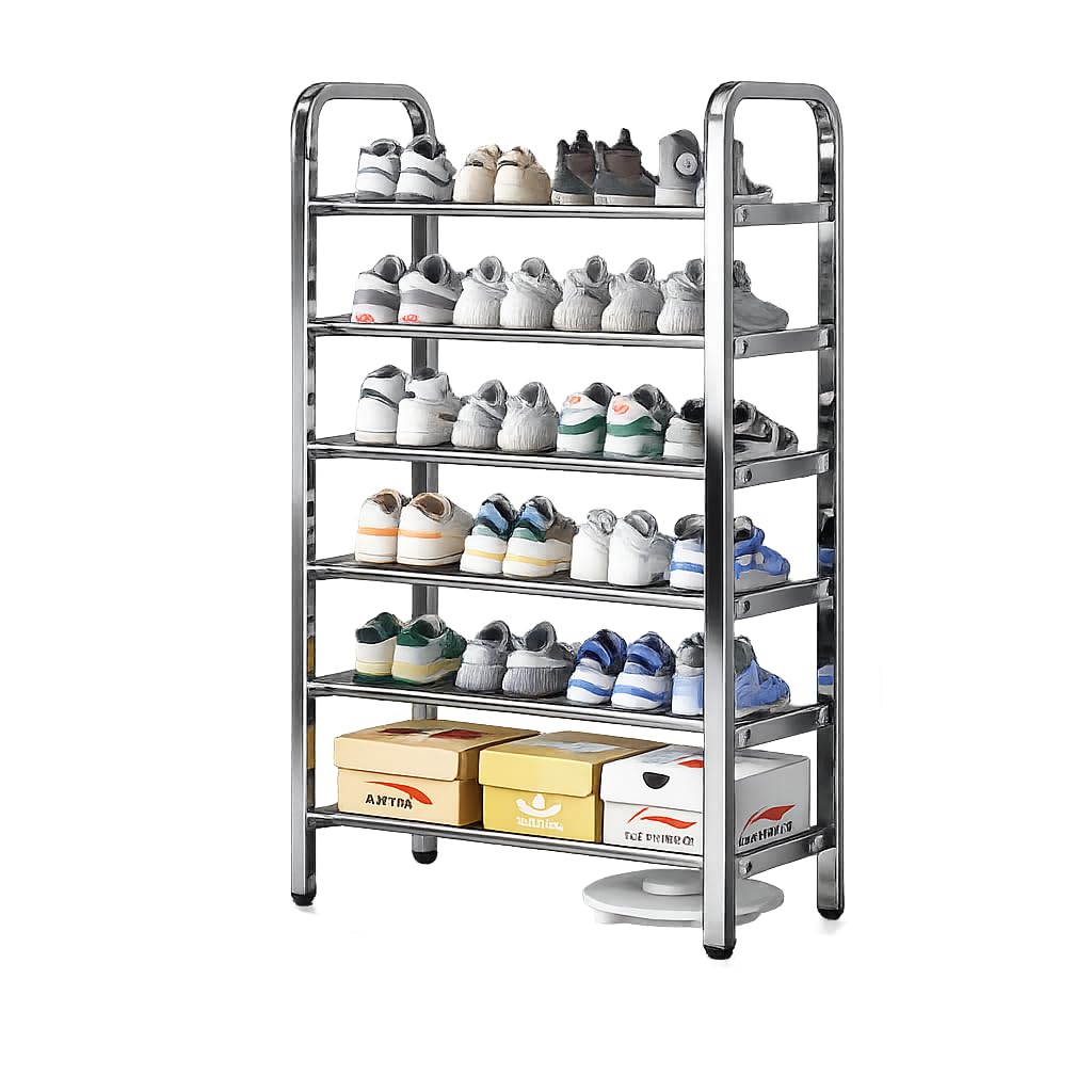 6-Tier Shoe Rack, Stainless Steel, Silver, Freely Assemble & Disassemble, Storage Organiser for Shoes and Boots + 50cm Stainless Steel Shoe Horn for Gift (6 tiers - 75x23x92.5)