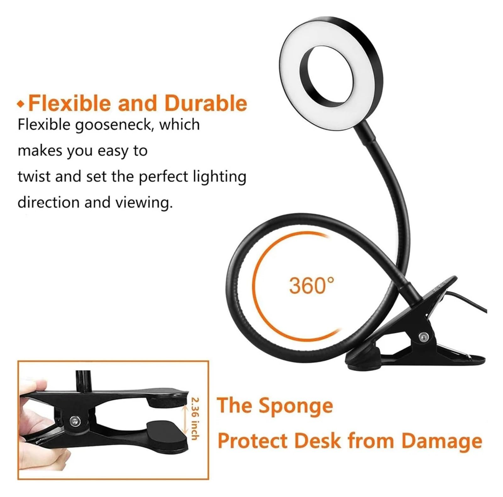 Lámpara con clip flexible de 48 LED, 360°, 3 niveles de brillo, USB
