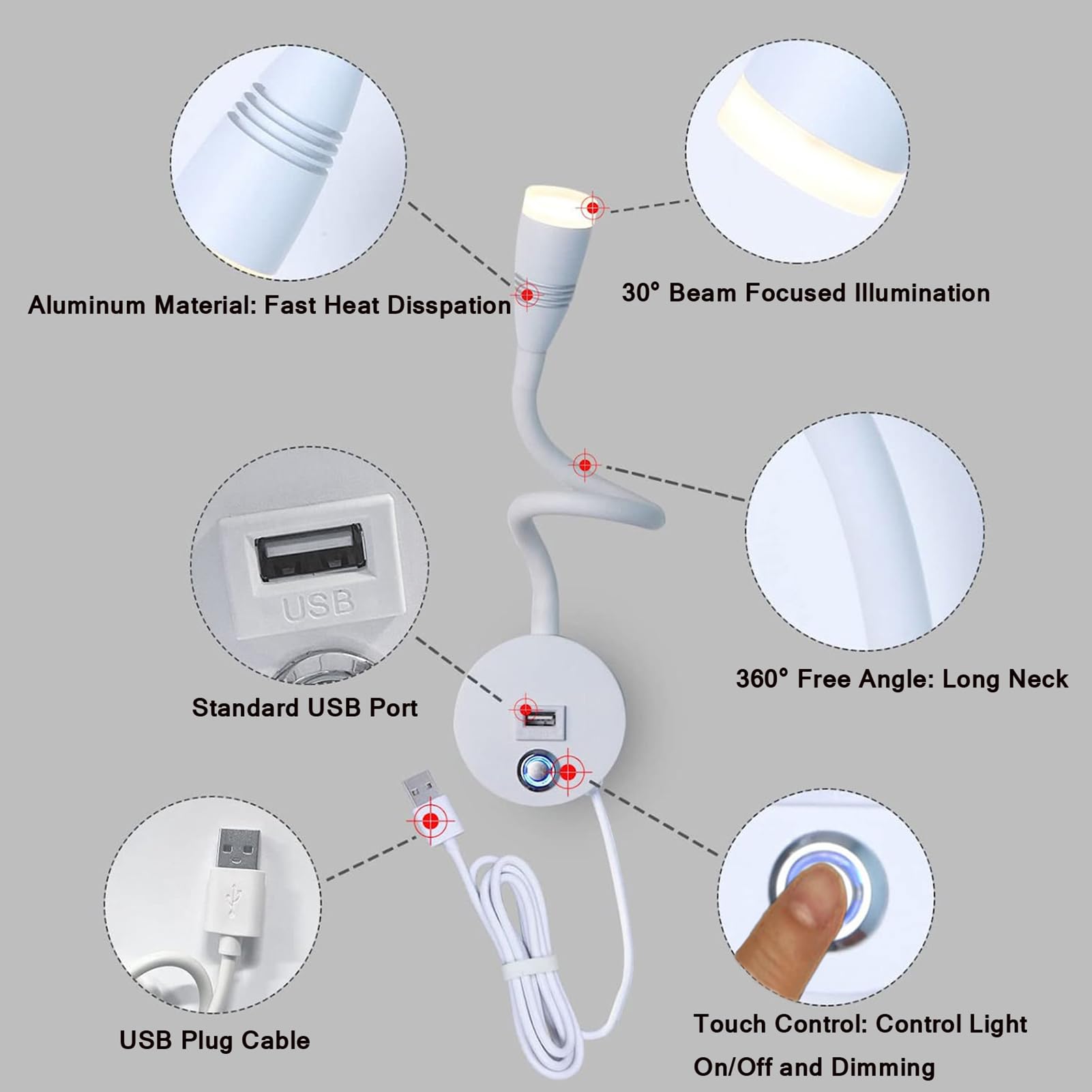 VOMI Leselampe Bett Wandmontage, LED Bettlampe Wand mit Schalter Touch Control 3 Farbtemperaturen Flexible Schwanenhals Lampe USB Ladeanschluss Drehbares Leselicht mit Ladegerät Kabel, 2 Stück Weiß