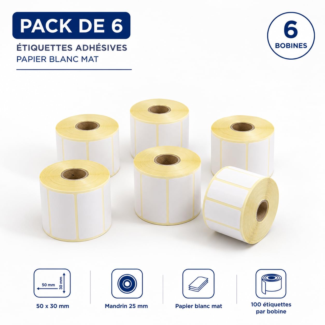 Lot de 6 rouleaux d'étiquettes thermiques 50x30 mm 25mm 1000 pièces par rouleau - étiquettes adhésives universelles blanches imprimantes thermiques transfert thermique (6)