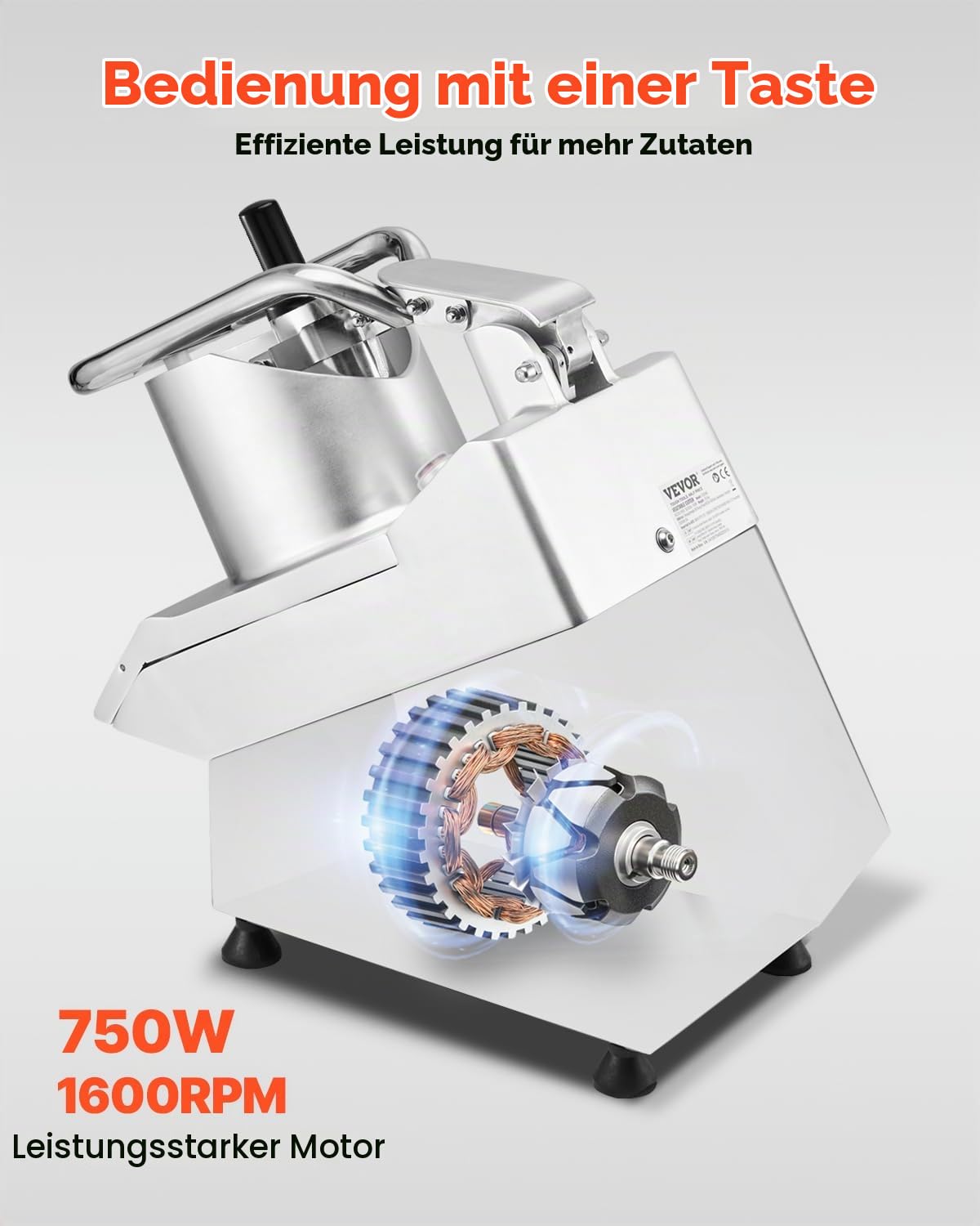 VEVOR Küchenmaschine Gemüseschneider Gemüsezerkleiner 2 Einfüllöffnungen, Schneider aus lebensmittelechtem Edelstahl mit 6 abnehmbaren Klingen, 3/5/7/10 mm Raspel, 2/4 mm Hobel, für Gemüse Obst