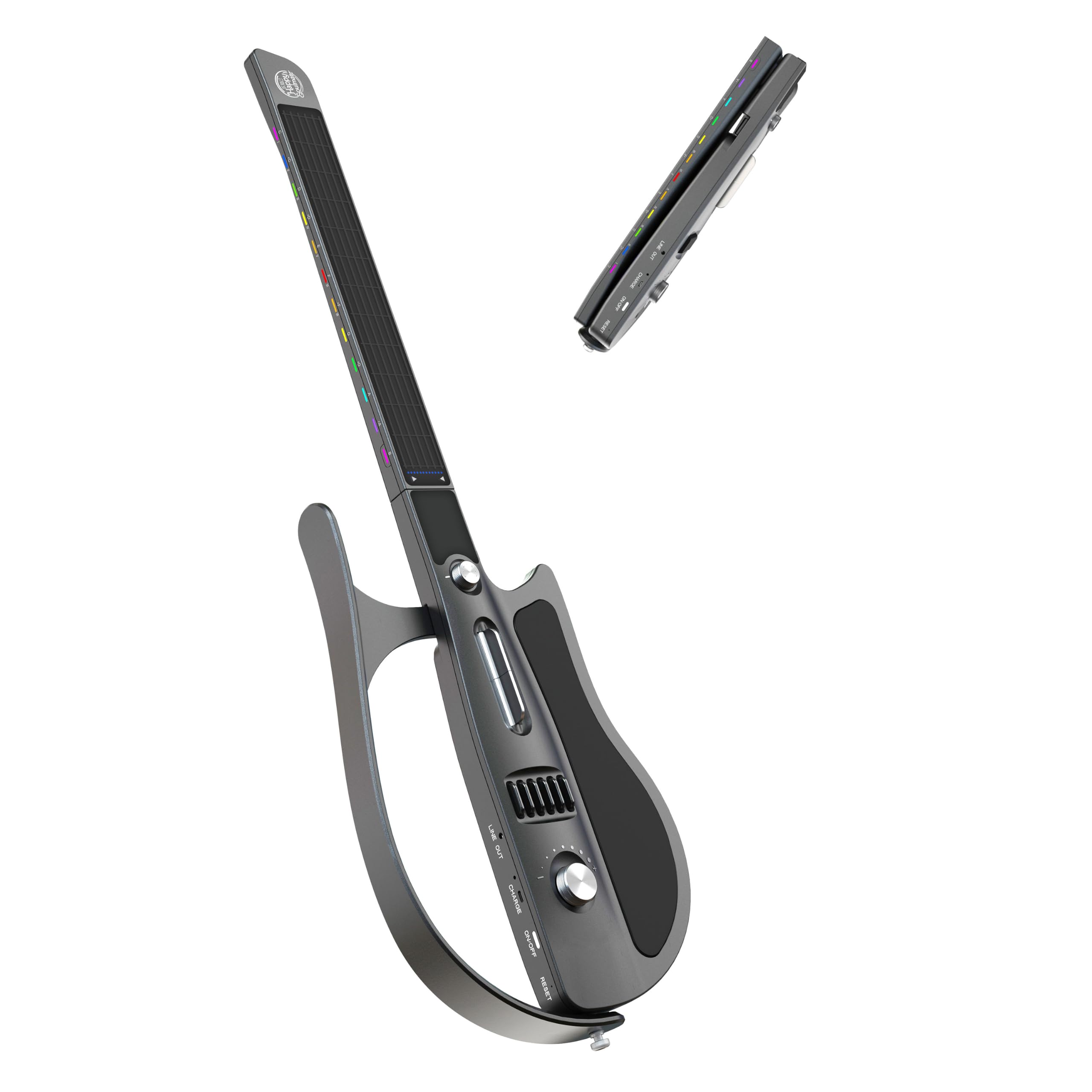 Chitarra intelligente senza corda, portatile e pieghevole con controllo app, generatore di accordi, batteria integrata e altoparlante, 100 toni sonori per principianti e bande, (Nero)