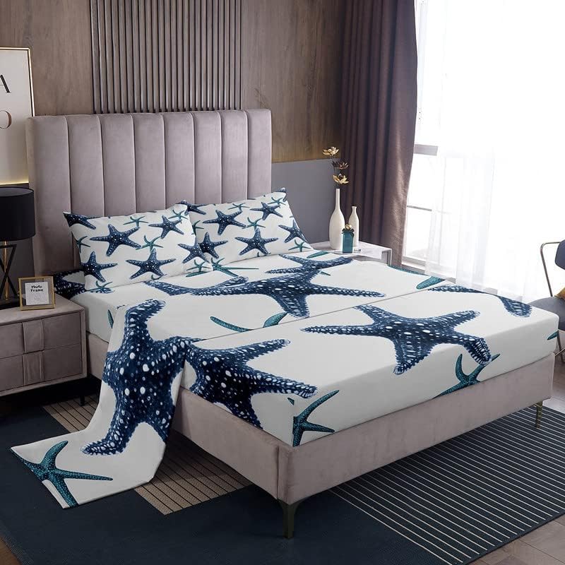 Juego de sábanas náuticas con estrellas de mar costeras de playa para niños, niñas, adolescentes, decoración de habitación, sábanas de aventura