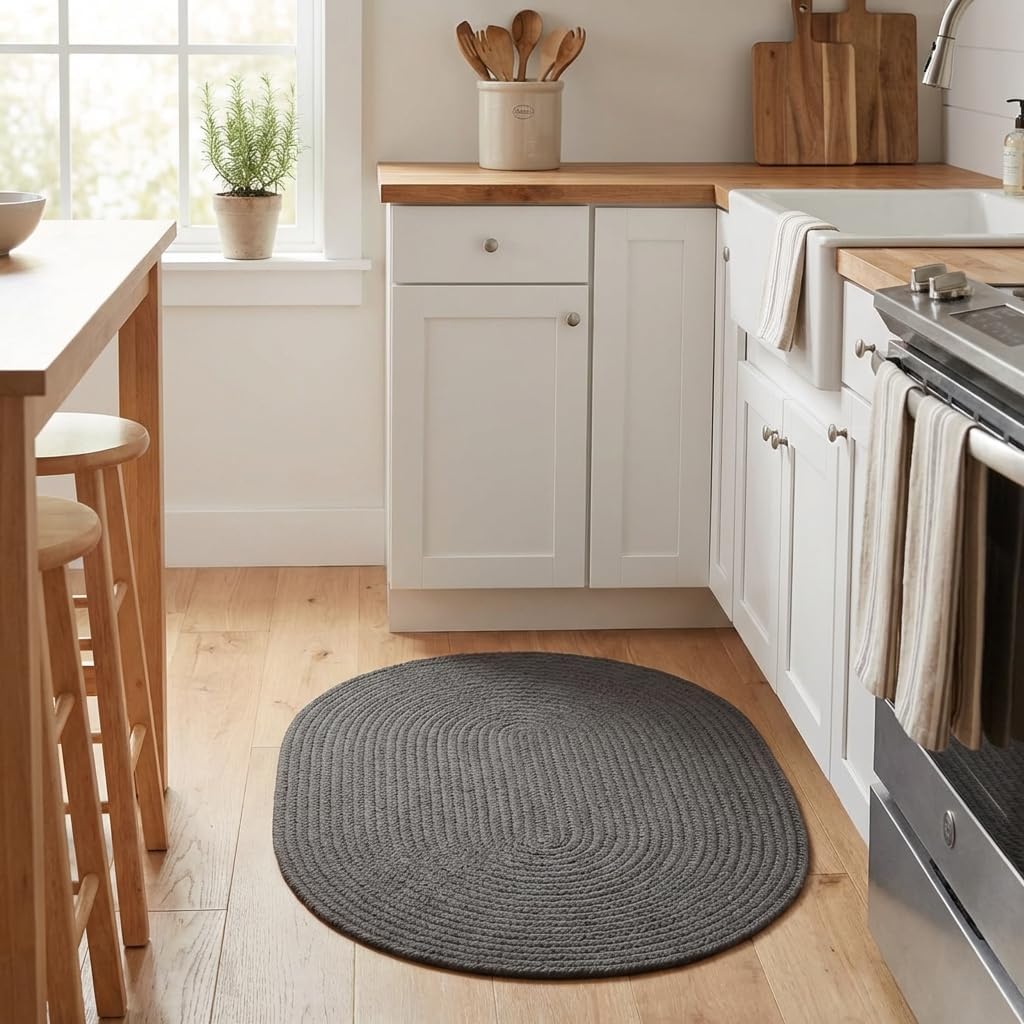 Super Area Rugs Gray Braided Rug Mudroom Entryway Carpet - Woven Washable Floor Covering for Kitchen Sink Solid Grey Mat - Oval 2' X 3'