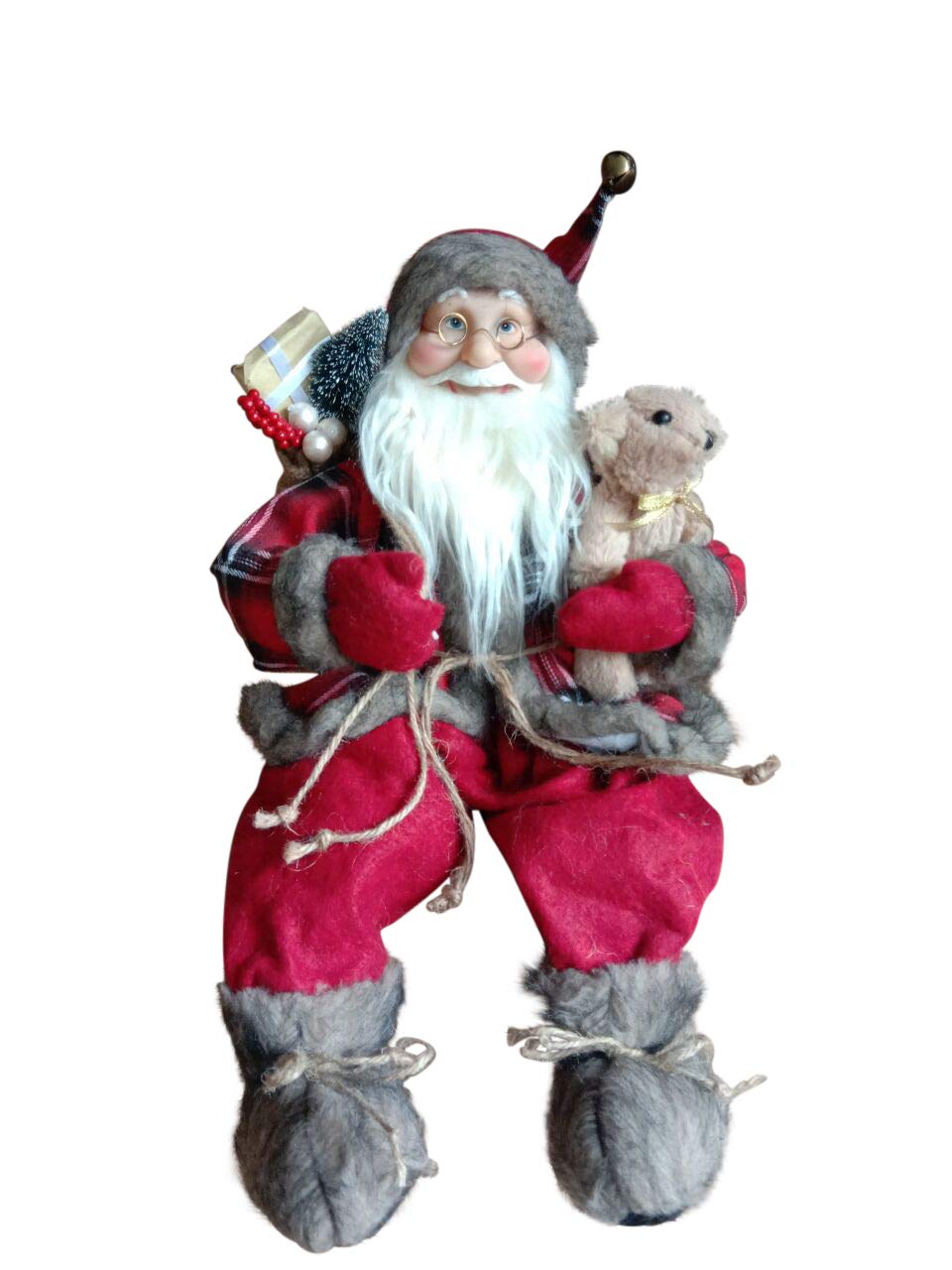 Garden Market Place 45cms Tall Sitting Father Christmas Figure With a Sack of Presents and a teddy bear- Rustic Santa Style