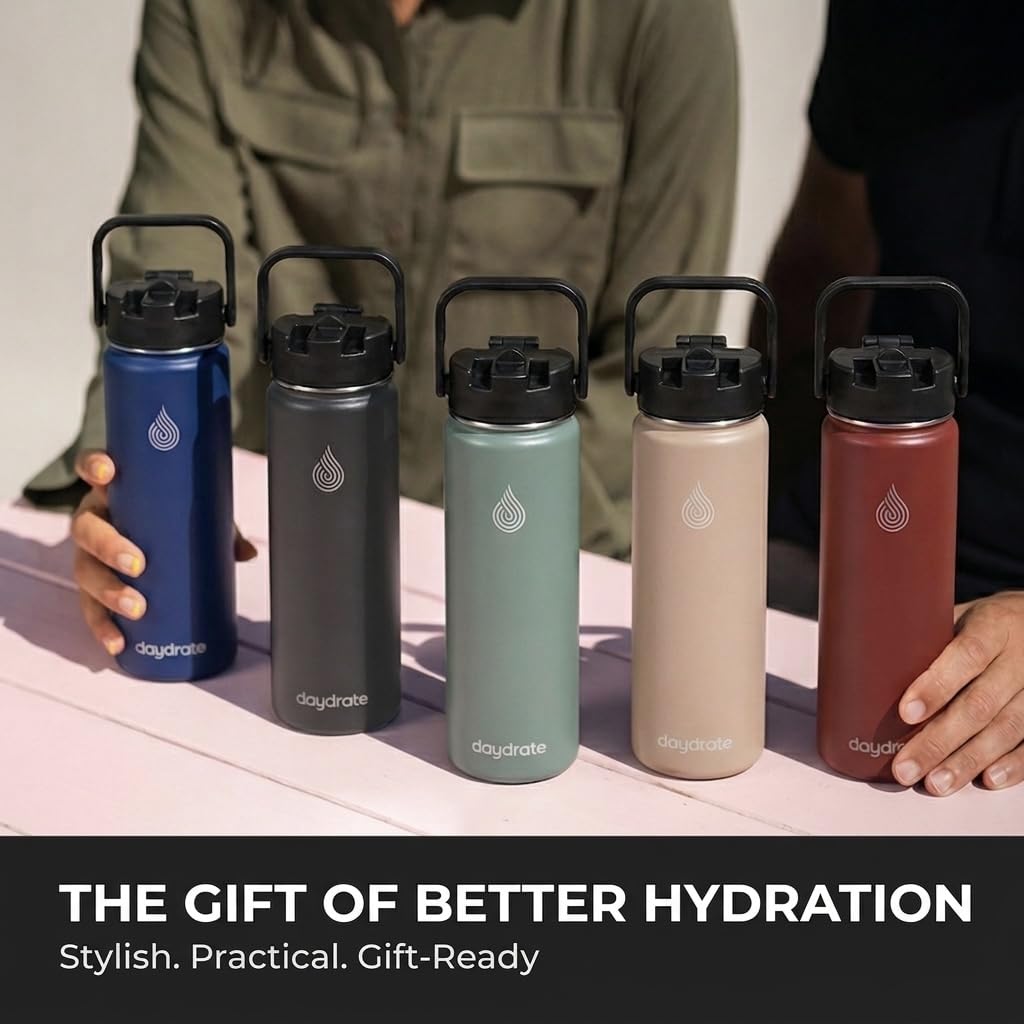 Insulated Metal Water Bottle with Straw 750ml- Stainless Steel Water Bottle, BPA Free, Dual Lid Straw & Spout, Leakproof, 24 Hours Cold & Hot, Work, Travel, Gym Bottle for Men & Women - Grey- Daydrate - 5