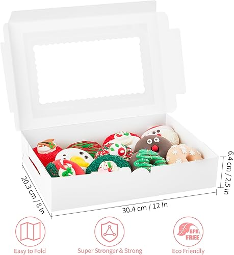 Miniatura 2 de Kucoele 30 cajas de panadería blancas con ventana, cajas de galletas de 12 x 8 x 2.5 pulgadas, cajas de pastelería grandes para postres, fresas de
