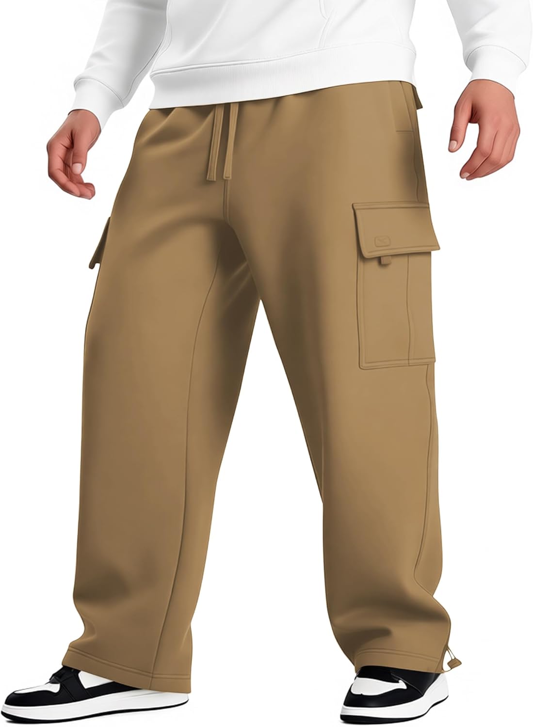 Mens Heavyweight Fleece Cargo Sweatpants - Baggy Fit Thick Cotton-Blend Fleece Cargo Pants with Adjustable Ankle Drawstring