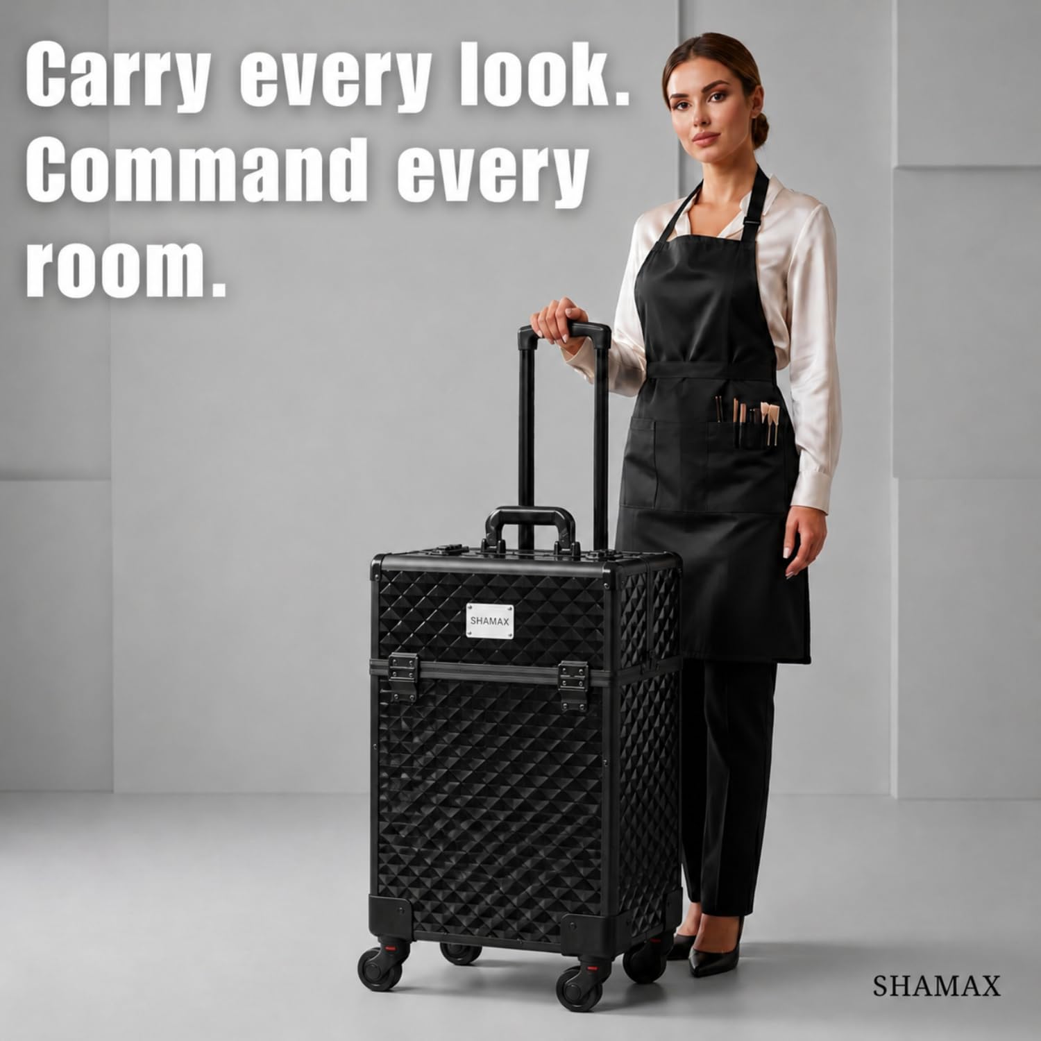 SHAMAX Professional Rolling Makeup Train Case, Cosmetic Organizer Trolley, Makeup Artist Vanity Trolley for Hairdressers, Salon, Nail Artist & Beauty MUA, 360° Silent Universal Self Lock Wheels 1