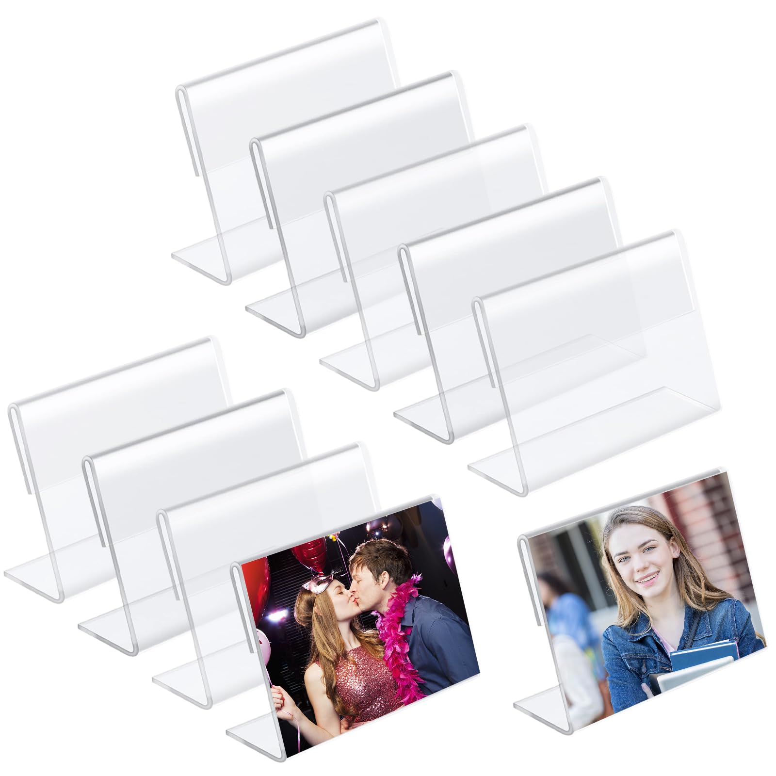 DiiWmme 10Pcs Mini Acrylic Sign Holder, L Shape Price Tag Display Stand, Slanted Brochure and Photo Frame Holder for Restaurant Menu, Office Desk, Shopping Malls, Transparent Flyer Stand (9×6cm)