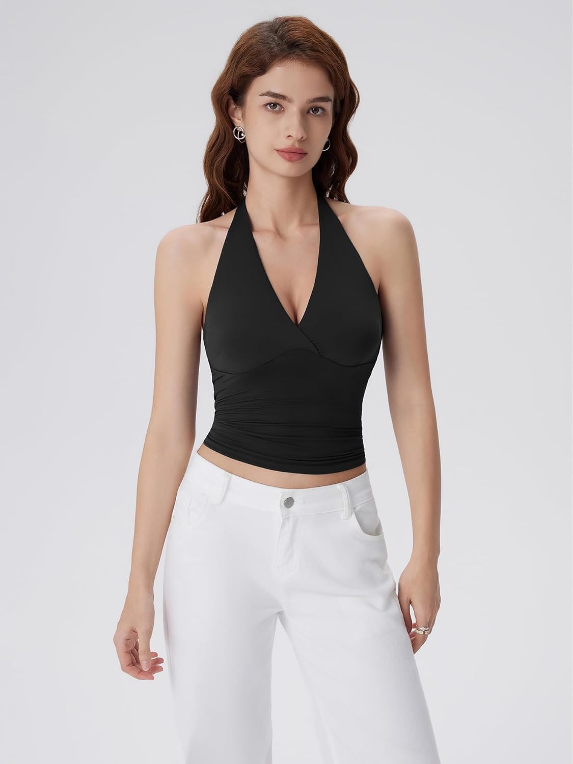 SUUKSESS Women Halter Backless Tank Tops with Built in Bra Double Lined V Neck Y2k Going Out Tops - Image 3