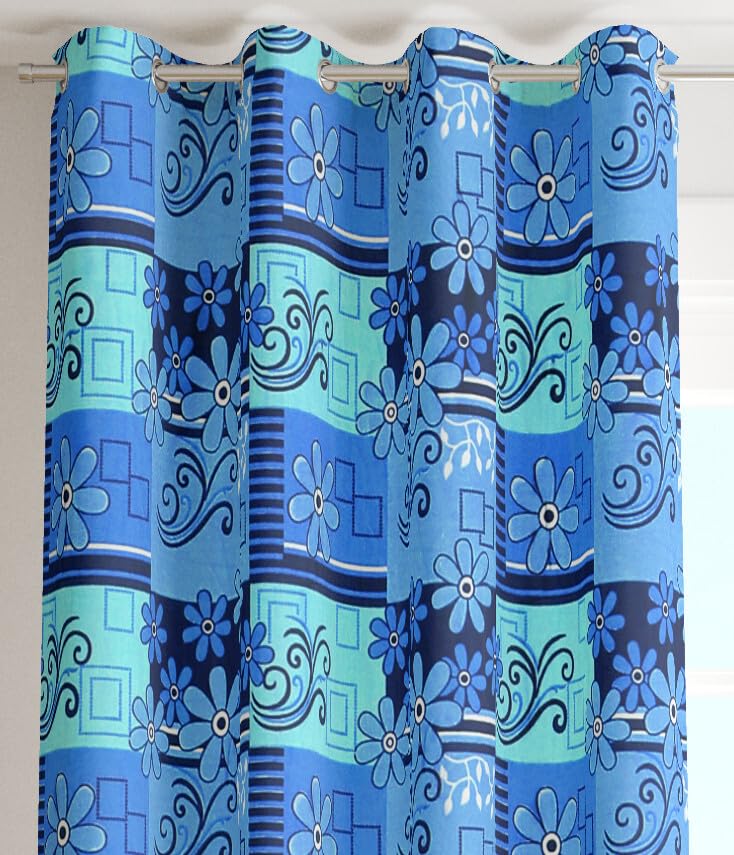Image of 2 Pieces Floral Blue Panel Eyelet Polyester Window Curtains 5 Feet