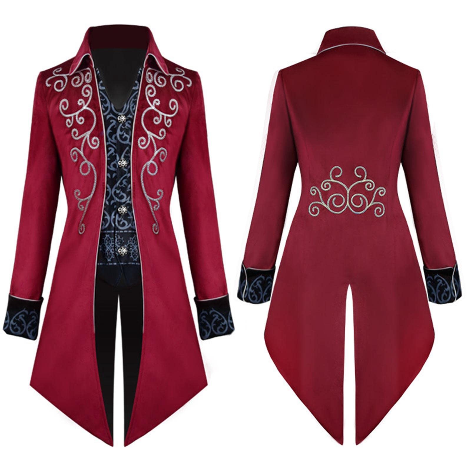 Medieval Tailcoat Cosplay Steampunk Chaqueta Vintage Uniforme Aristócrata Abrigo Largo con Solapa Estilo Renacimiento Poliéster Adecuado para Bodas Fi, Rojo, M