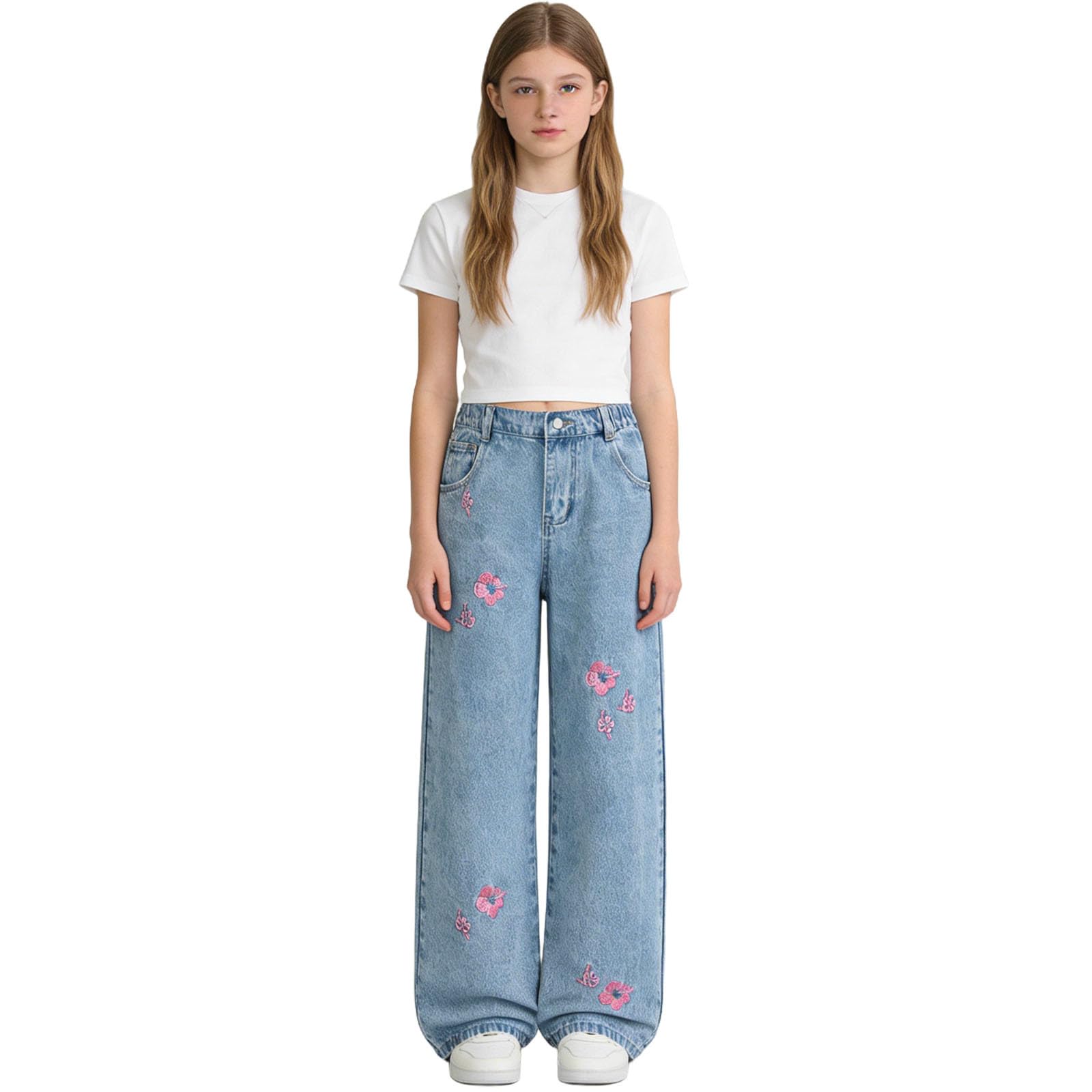 Vaqueros Baggy para Niñas,Cintura Alta Elástica Pierna Ancha Pantalones de Denim con Bordado de Floral Casual Hip Hop Jeans Holgados Recto Pantalon Vaquero con Bolsillos para Niños 6-13 Años