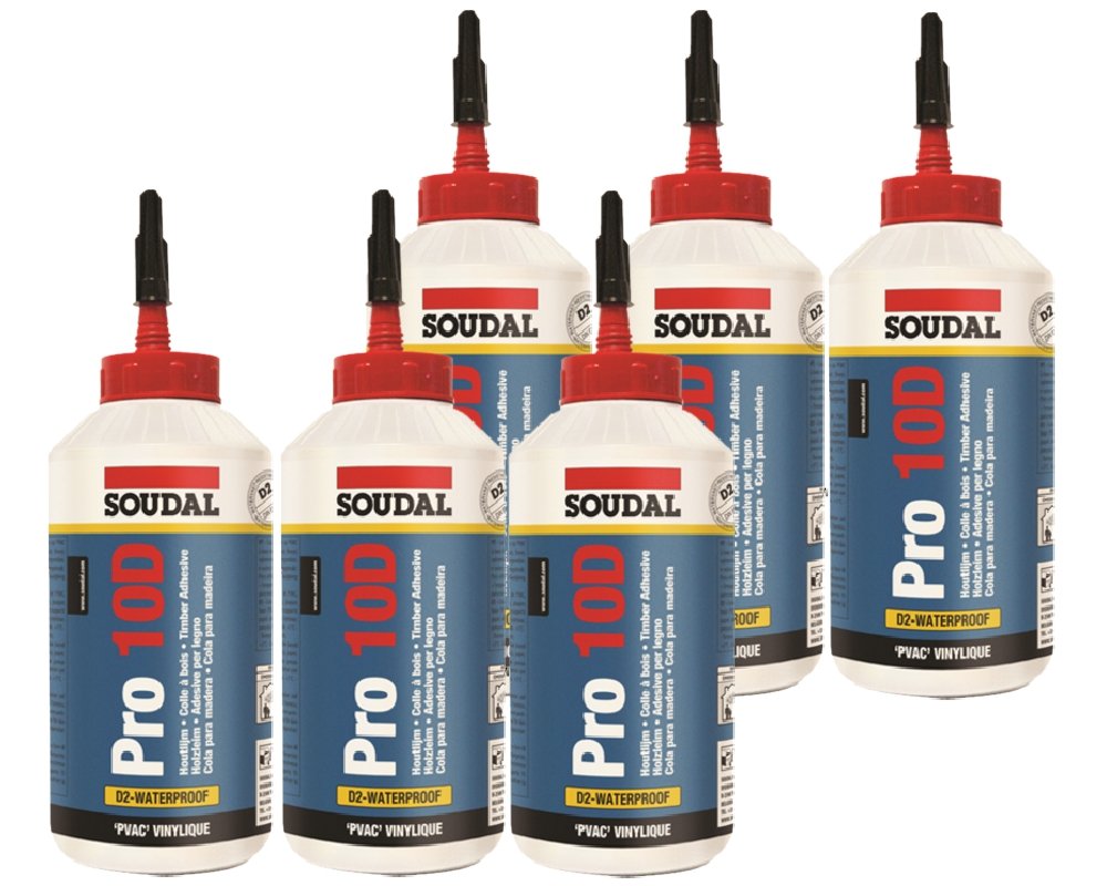 Zestaw ekonomiczny 6 x 750 ml Soudal klej do drewna Pro 10D -> klej niezawierający rozpuszczalników na bazie PVAC, specjalnie do użytku w pomieszczeniach