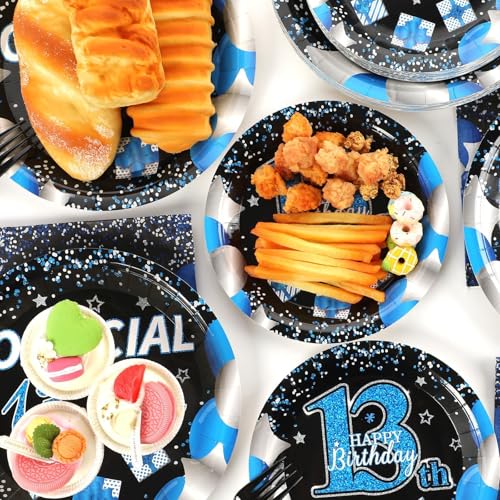 Image of 100 Pcs 13th Birthday Decorations for Boys Official Teen 13th Supplies Plates Napkins Forks Set Disposable Blue 13th Birthday Tableware Paper Plates Dinnerware for Kids Teenager Favors Serve 25