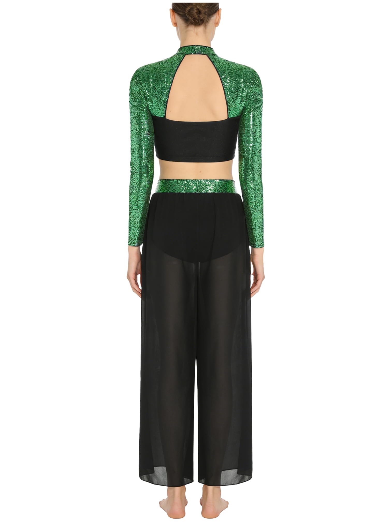 ranrann Traje Baile Contemporáneo de 2 Piezas para Mujer con Lentejuelas Crop Top de Manga Larga y Pantalones Traje de Gimnasia Rítmica para Actuación S-XXL