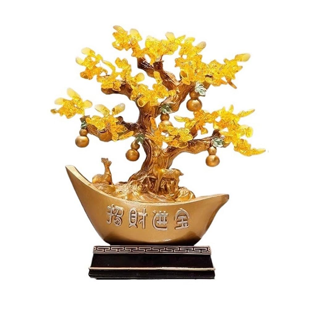 Home Decor Citrine Fortune Tree Ornament, with Gold Ingot Crystal Decoration, Opening Housewarming Decor Bonsai(Gold)
