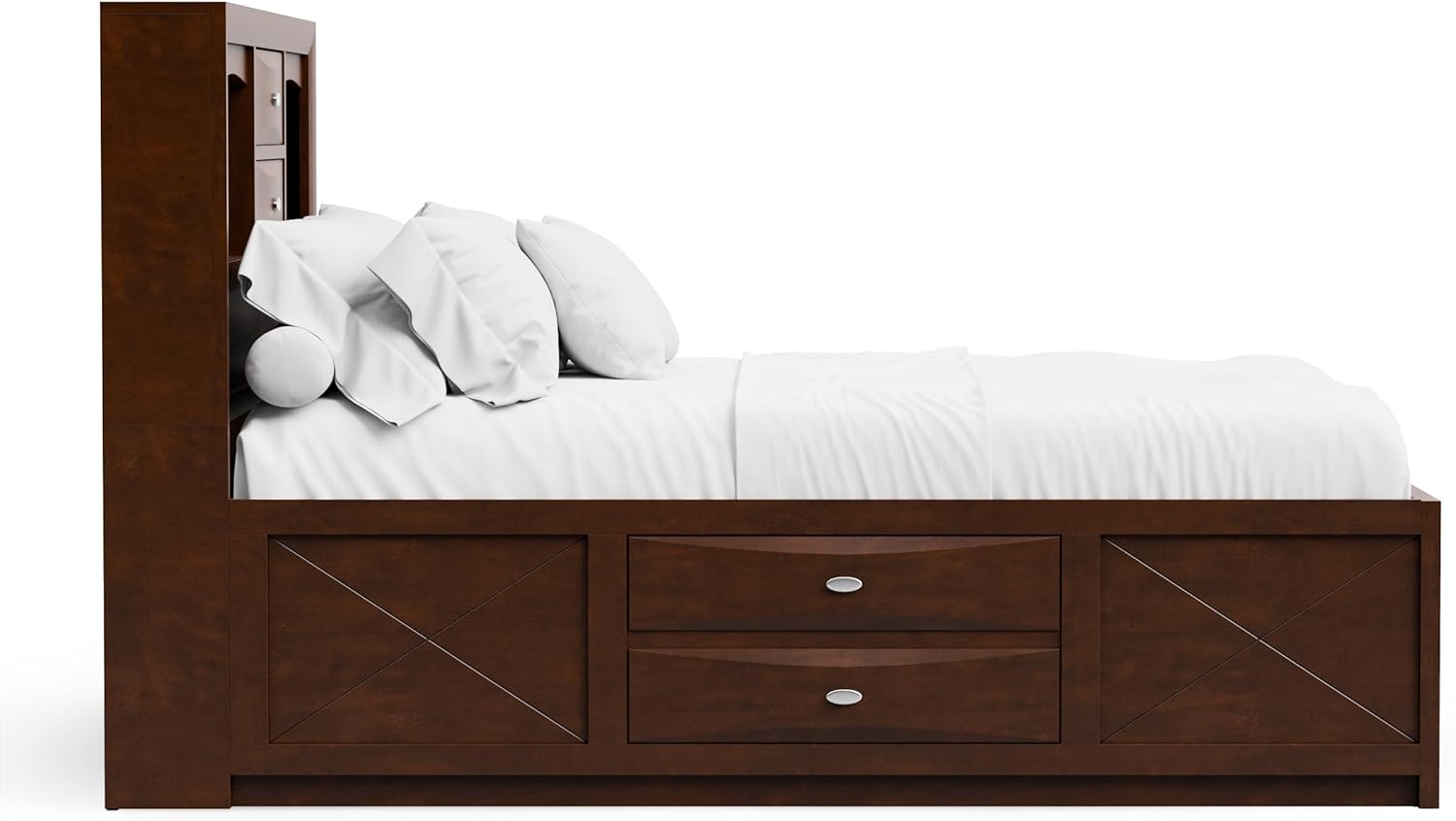 Furniture of America Darius Transitional Solid Wood 3-Piece Queen Platform Bedroom Set with Drawers, Bookcase Headboard and Knob Pulls, Mattress Ready, Dark Cherry