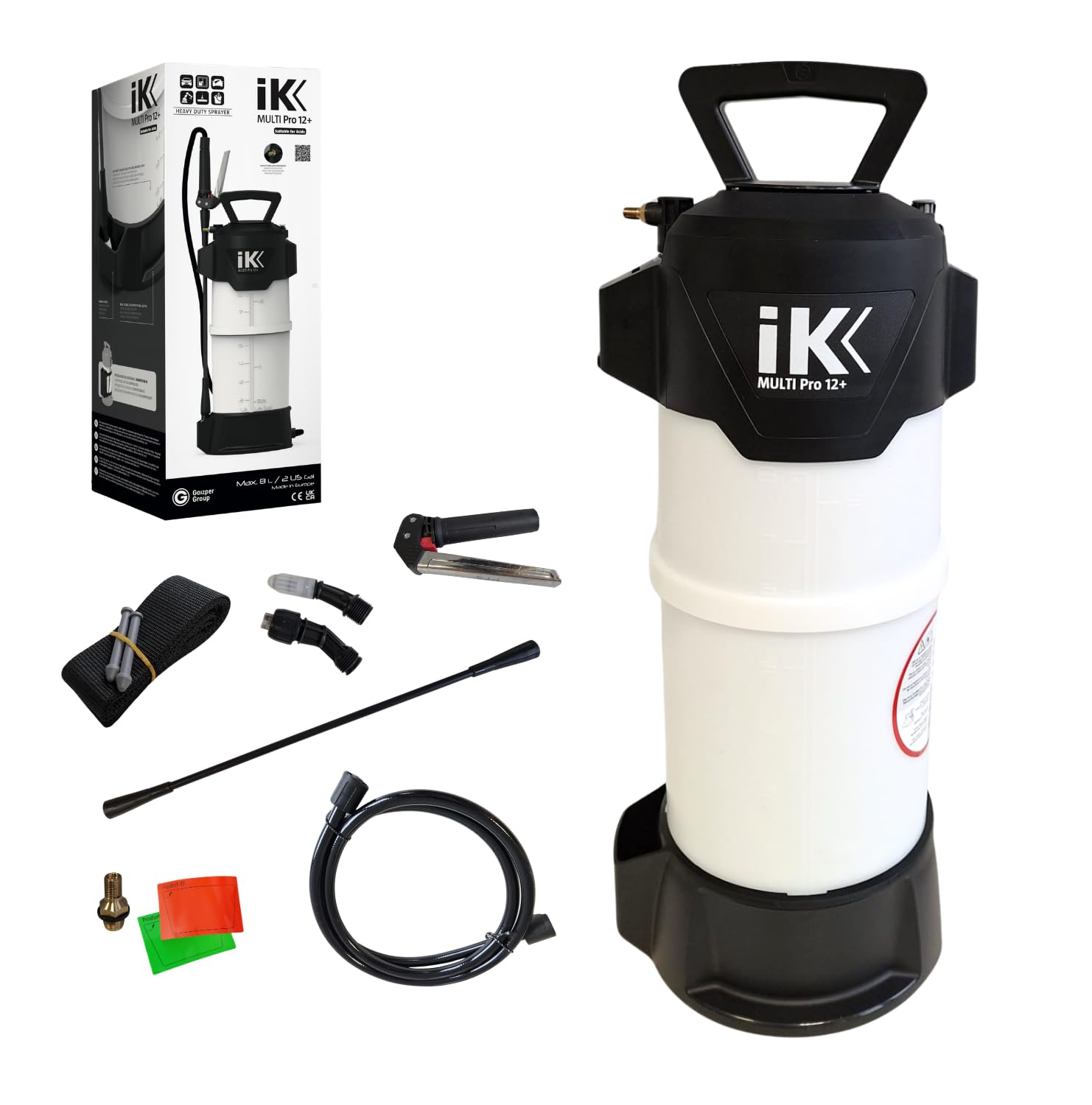 IK Multi Pro 12+ Spruzzatore per Acidi 10 L - Attacco Aria Compressa | Per chimici aggressivi - detailing, pulizia e igiene - maniglia inox - tubo 1,5 m - lancia in fibra di vetro 47 cm