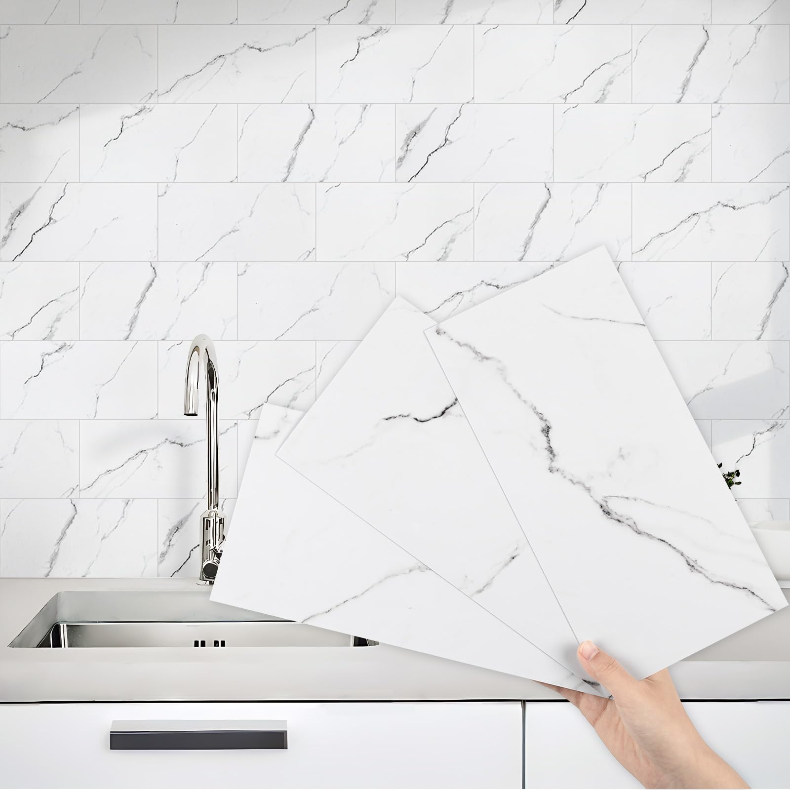 White Marble Stick on Tiles 24 Pieces - Self Adhesive Wall Tiles for Kitchen 15x30cm - White Tile Stickers for Bathroom - Peel and Stick Vinyl Removable Waterproof