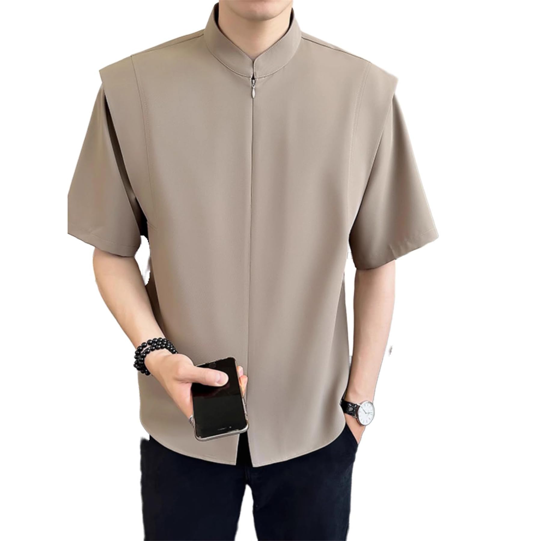 GUOYUXIAO Männer-Sommer-EIS-Silkwolle-Standkragen-Hemd.
