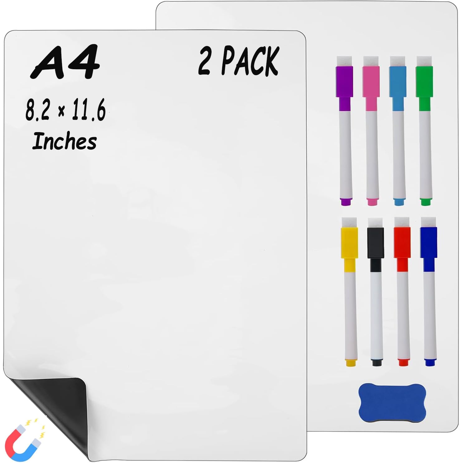 A4（11.7x8.3 Inch） 2 Pcs White Magnetic Dry Erase Whiteboard for Fridge,Small Fridge Message White Boards 8 Pens,1 Eraser,Grocery List Reminder Sticker image 7