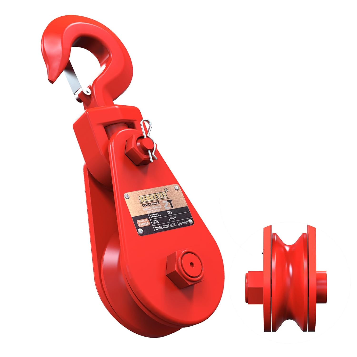 4 Pcs 304 Stainless Steel Square U-Bolts with Washers & Nuts+2 Ton Snatch Block with Hook, 3" Sheave for 3/8" Inch Wire Rope