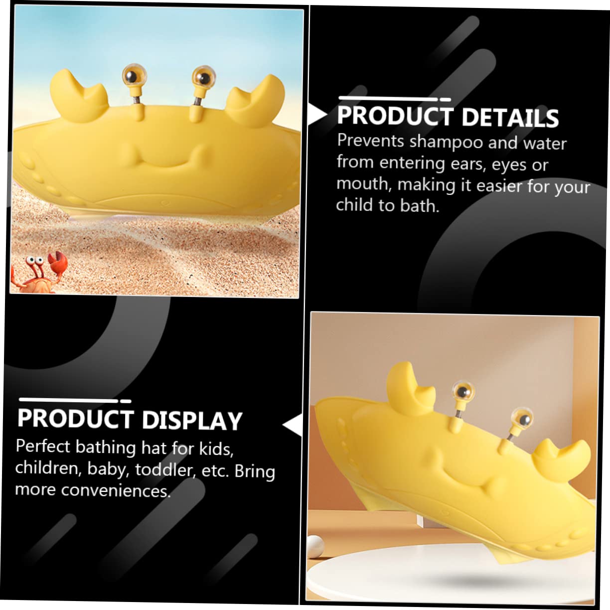 VICASKY 3piezas Sombrero De Baño Infantil Para Bebés y Niño Niña Gorro De Champú Divertido Protección Para Ojos y Oídos Para Cortes De Pelo y Duchas Limón Modelo Cangrejo