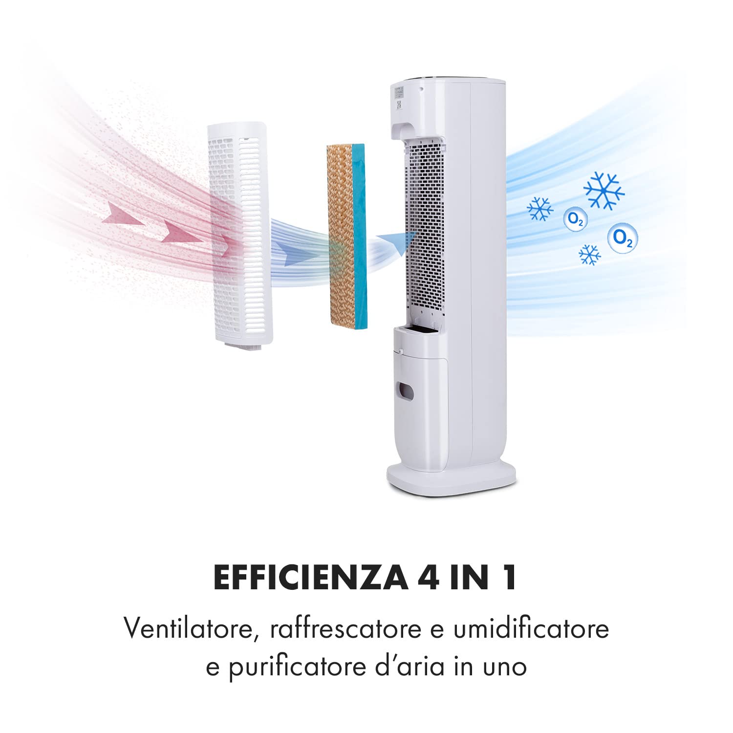 Klarstein Polar Tower Smart Raffrescatore Evaporativo 4-in-1 – Ventilatore, Umidificatore & Purificatore, Controllo App & Alexa, Serbatoio 7L, 3.306 m³/h, Timer, Modalità Notte, Portatile, Bianco
