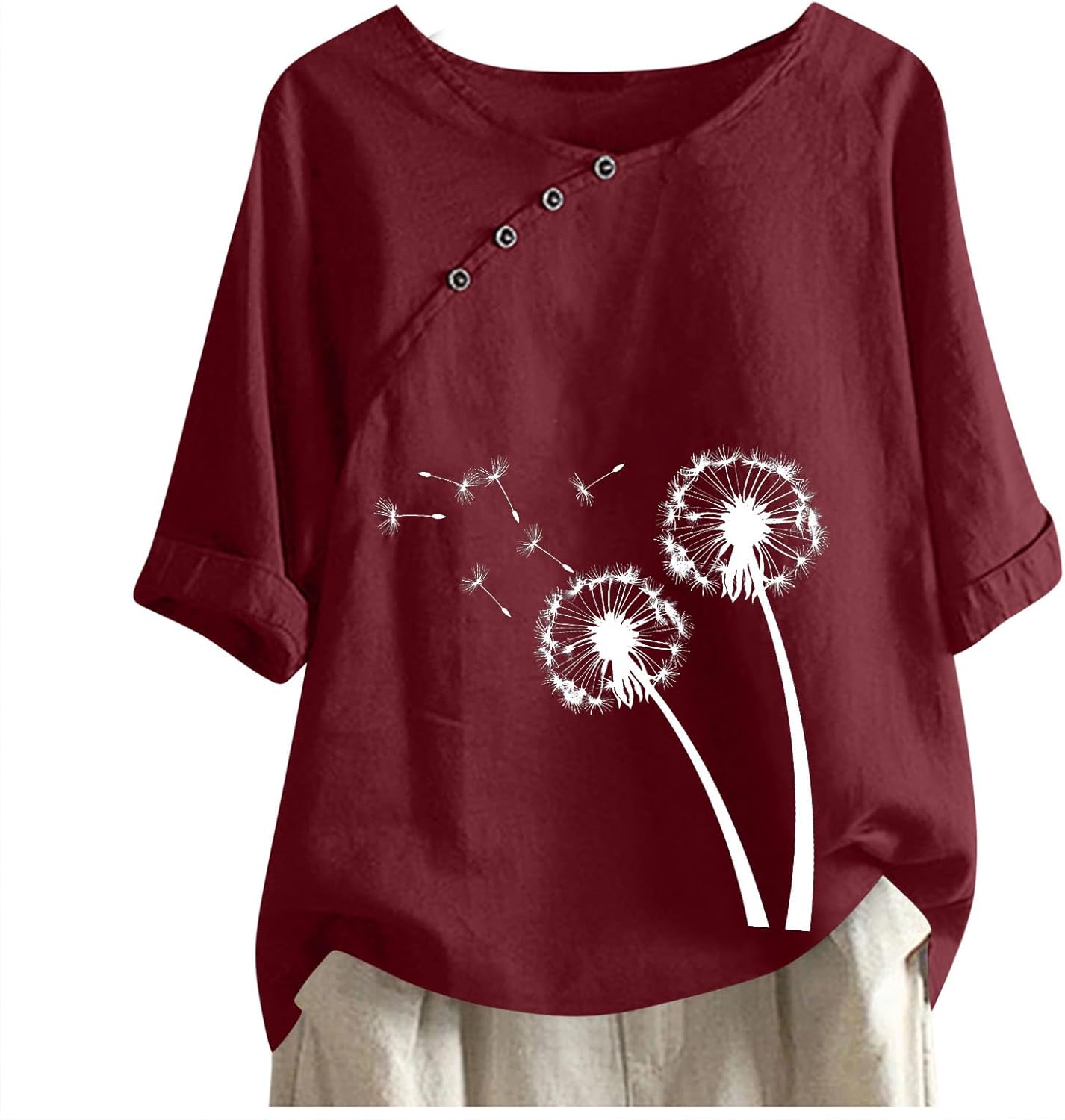 Short Sleeve Blouses for Women,Womens Graphic T Shirts Summer Cotton Linen Blouse Short Sleeve Crew Neck Shirt Floral Print Tops with Buttons 2025