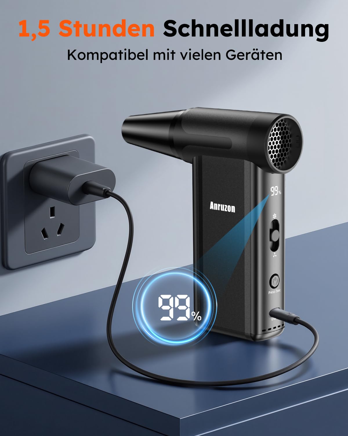 Elektrische Staubgebläse Druckluftspray für PC Reinigungsset, 300000 RPM Compressed Air Duster, 8-Gang Air Duster Luftdruckspray mit 7600mah Akku, Tastatur Reinigung für PC, Elektronik, Sofa, Auto