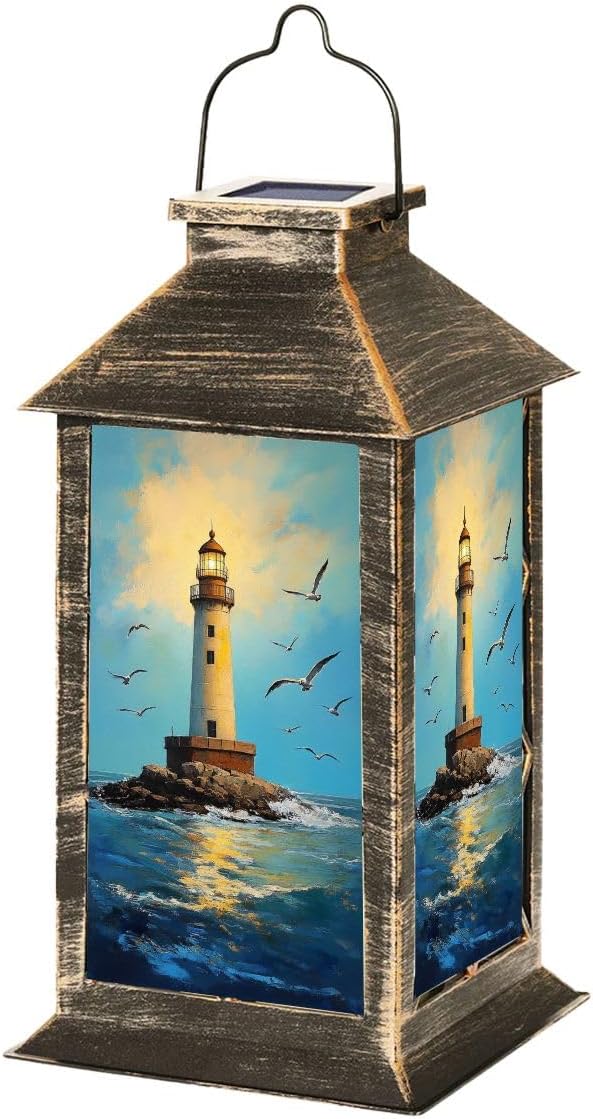Solar Lantern Nautical Coastal Beach Lighthouse Seagulls Ocean Sky Rocky Shore Oil Outdoor Garden Hanging Lantern Waterproof Solar Powered Lighting Outside Table Lamp for Deck Yard Camping Patio Decor